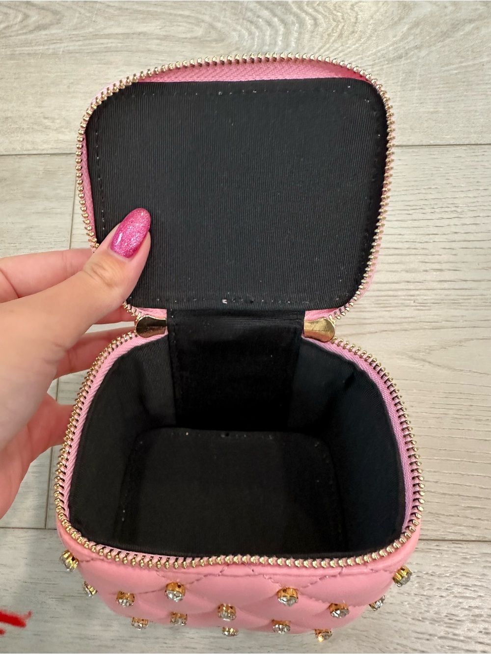Pink Quilted Cosmetic Case with Crystal Stud Accents - Picture 3 of 4